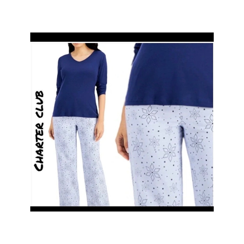 Charter Club Women's 2-Piece Pajama Set Medium Navy Blue and Light Blue